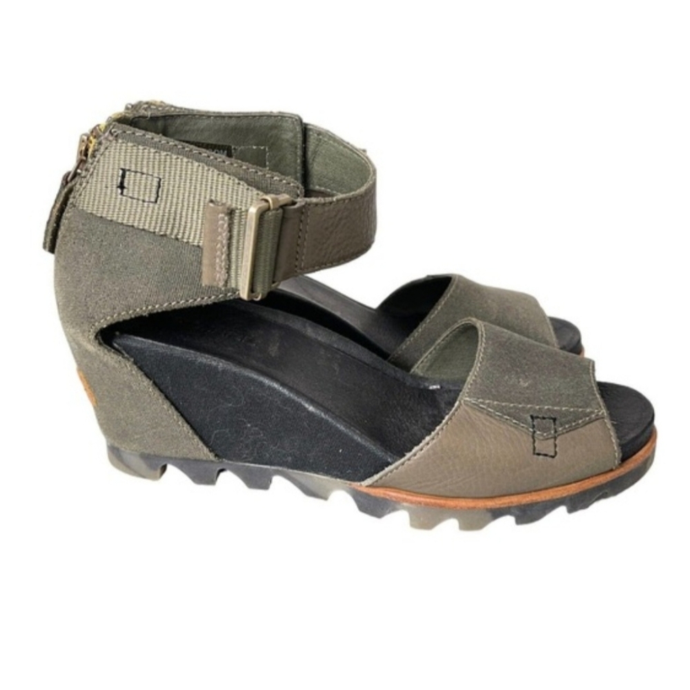 Sorel Joanie Wedge Leather Sandal Ankle Green Womens Size 8.5